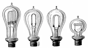 Filament Collection: Edisons incandescent lamps showing various forms of carbon filament, 1883