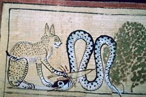 Egyptian papyrus of the cat of Ra killing Apophis the snake of evil Egyptian papyrus of the cat of Ra killing Apophis the snake of evil