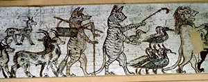 Detail from the Egyptian satirical papyrus of a fox playing the pipes and leading goats Detail from the Egyptian satirical papyrus of a fox playing the pipes and leading goats