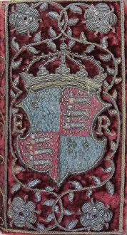 Embroidered velvet binding on John Udalls Sermons with the arms of Elizabeth I, 1596. Artist: Anonymous master Embroidered velvet binding on John Udalls Sermons with the arms of Elizabeth I, 1596. Artist: Anonymous master