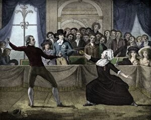 Colorised Gallery: Fencing Match Between Mademoiselle La Chevaliere D Eon De Beaumont and Monsieur De Saint George