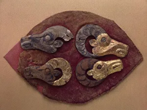 Fragment of a Felt Covering for a Saddle, with Mouflons Heads, 6th century BC Fragment of a Felt Covering for a Saddle, with Mouflons Heads, 6th century BC