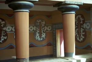 Fresco of shields in the grand stairway at Knossos, 18th century BC Fresco of shields in the grand stairway at Knossos, 18th century BC
