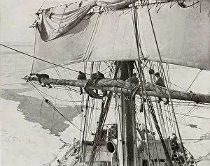 South Pole Gallery: Furling Sail in the Pack, c1910–1913, (1913). Artist: Herbert Ponting