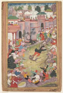 The game of wolf-running in Tabriz, from an Akbar-nama (Book of Akbar), c. 1595-1600 The game of wolf-running in Tabriz, from an Akbar-nama (Book of Akbar), c. 1595-1600