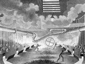 General view of a gas works, showing retorts being charged, 1835 General view of a gas works, showing retorts being charged, 1835