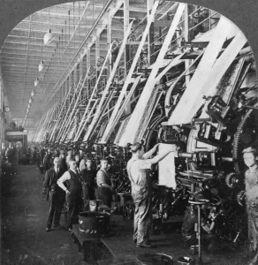 General view of a large printing room in a cotton mill, Lawrence, Massachusetts, USA General view of a large printing room in a cotton mill, Lawrence, Massachusetts, USA