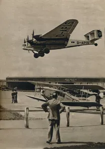 A German Junkers airliner arriving at Croydon Airport, c1934 (c1937). Artist: Unknown A German Junkers airliner arriving at Croydon Airport, c1934 (c1937). Artist: Unknown