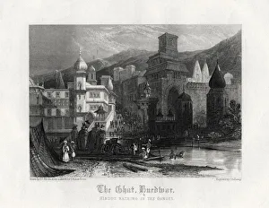 The Ghat, Hurdwar, Hindus Bathing in the Ganges, 19th century. Artist: J Redaway The Ghat, Hurdwar, Hindus Bathing in the Ganges, 19th century. Artist: J Redaway