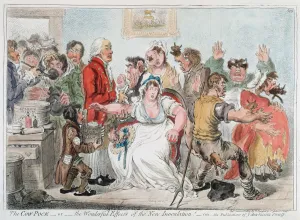 Gillray cartoon on vaccination against Smallpox using Cowpox serum, 1802 Gillray cartoon on vaccination against Smallpox using Cowpox serum, 1802