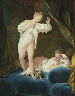 Two Girls on a Bed Playing with their Dogs. Artist: Fragonard, Jean Honore (1732-1806) Two Girls on a Bed Playing with their Dogs. Artist: Fragonard, Jean Honore (1732-1806)