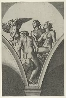 Graces Gallery: The Three Graces sitting on clouds, cupid at the left, after Raphaels fresco in th... ca. 1517-20