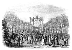 Grand festivities at Harewood House: triumphal arch - procession of tenantry etc, 1845 Grand festivities at Harewood House: triumphal arch - procession of tenantry etc, 1845