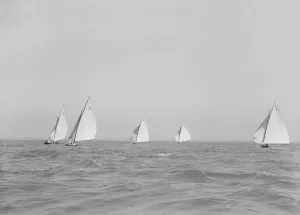 Group of 6 Metres racing downwind, 1911. Creator: Kirk & Sons of Cowes Group of 6 Metres racing downwind, 1911. Creator: Kirk & Sons of Cowes