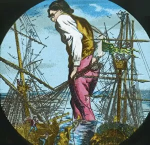 Galleon Collection: Gulliver captures the Blefuscudians ships, lantern slide, late 19th century. Creator: Unknown