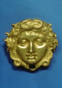 Head of the Gorgon Medusa in embossing gold, piece from the royal tomb at Vergina (350 BC) Head of the Gorgon Medusa in embossing gold, piece from the royal tomb at Vergina (350 BC)
