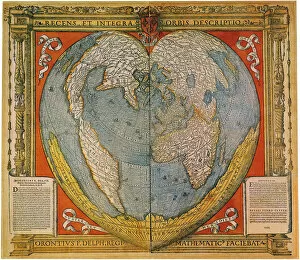 Orontius Finnaeus Gallery: Heart Shaped World Map. Artist: Fine, Oronce (1494-1555)