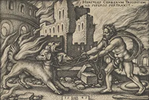Hercules Capturing Cerberus, from The Labors of Hercules, 1545. Creator: Sebald Beham