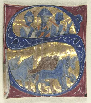 Historiated Initial (S) Excised from a Bible: Soldiers and Horses, 1200s. Creator: Unknown Historiated Initial (S) Excised from a Bible: Soldiers and Horses, 1200s. Creator: Unknown