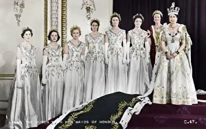Queen Of Britain Windsor Gallery: HM Queen Elizabeth II with her Maids of Honour, The Coronation, 2nd June 1953. Artist: Cecil Beaton