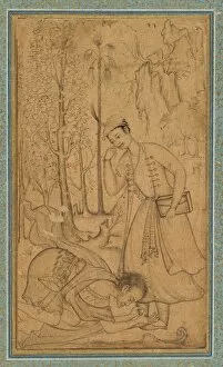 Basavana Gallery: A Holy Man Prostrating Himself Before a Learned Prince, c. 1585; border added probably 1700s