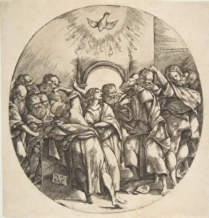 The Holy Spirit as a bird descending with spread wings at top center The Holy Spirit as a bird descending with spread wings at top center