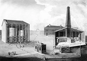 Illustration showing the working spaces of a gas works, 1828 Illustration showing the working spaces of a gas works, 1828