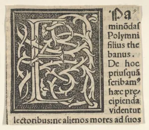 Framed Print : Print of Initial letter E on patterned background, 1520