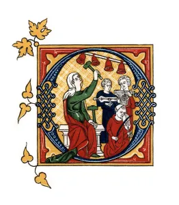 Initial letter O, 14th century, (1843).Artist: Henry Shaw Initial letter O, 14th century, (1843).Artist: Henry Shaw