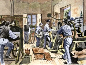 Inside the shoe factory of Mr. Soldevila, soles cutting department, in 1874, colored Inside the shoe factory of Mr. Soldevila, soles cutting department, in 1874, colored