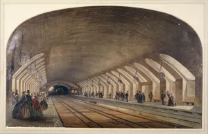 London Underground History Prints: Interior of Baker Street Station showing platforms and an approaching train, London, c1865
