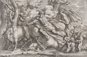 Io at the left as a cow, Jupiter on a cloud in the centre and Juno at the right with pu Io at the left as a cow, Jupiter on a cloud in the centre and Juno at the right with pu