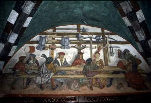 Issogne Castle, frescoes with scenes of the guard Issogne Castle, frescoes with scenes of the guard