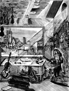 Italian musical instrument maker Antonio Stradivari in his workshop, (1926). Artist: Aleksey Kravchenko Italian musical instrument maker Antonio Stradivari in his workshop, (1926). Artist: Aleksey Kravchenko