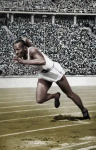 Jesse Owens at the start of the 200 metres at the Berlin Olympic Games, 1936 Jesse Owens at the start of the 200 metres at the Berlin Olympic Games, 1936