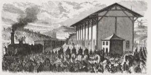 Journey of His Majesty King Alphonse XII to Valencia, train departure, engraving from 1875 Journey of His Majesty King Alphonse XII to Valencia, train departure, engraving from 1875