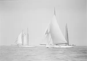 Ketch Gallery: The ketch Cariad and schooner Irma racing downwind, 1911. Creator: Kirk & Sons of Cowes