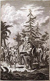 King of Cochin on his elephant accompanied by his court, engraving in the work Abregé King of Cochin on his elephant accompanied by his court, engraving in the work Abregé