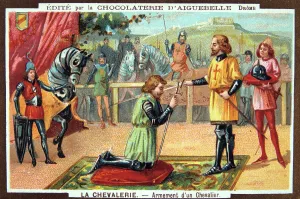 The Knights - Knighting a Knight, Middle Ages. 19th Century. Colour Lithograph. Private collection The Knights - Knighting a Knight, Middle Ages. 19th Century. Colour Lithograph. Private collection