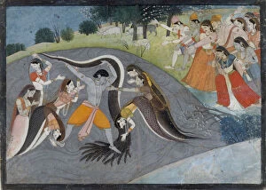 Jumna Gallery: Krishna Subduing Kaliya, the Snake Demon: Folio from a Bhagavata Purana Series, ca