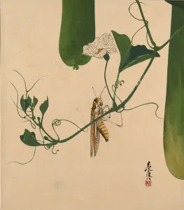 Lacquer Paintings of Various Subjects: Grasshopper on Gourd Vine, 1882. Creator: Shibata Zeshin Lacquer Paintings of Various Subjects: Grasshopper on Gourd Vine, 1882. Creator: Shibata Zeshin