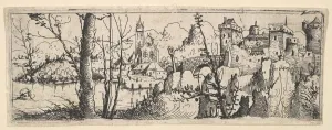 Landscape with Fort and a Church on a River, 1545. Creator: Augustin Hirschvogel Landscape with Fort and a Church on a River, 1545. Creator: Augustin Hirschvogel