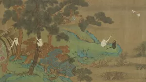 Gibbons Gallery: Landscape with Gibbons and Cranes, Qing dynasty, 18th century. Creator: Unknown