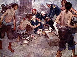 Print of a man lying on a ships deck, with another standing beside him