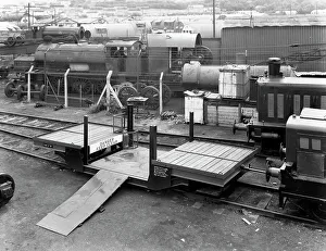 Laycock Engineering rail mounted loadlifta, Bicester sidings, Oxfordshire, 1959. Artist Laycock Engineering rail mounted loadlifta, Bicester sidings, Oxfordshire, 1959. Artist