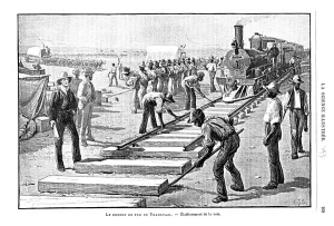 Laying sleepers and rails (permanent way) on the Transvaal Railway, South Africa, 1893 Laying sleepers and rails (permanent way) on the Transvaal Railway, South Africa, 1893