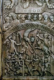 6th Century Gallery: Detail of a leaf of a Byzantine ivory diptych showing men and bears at the circus