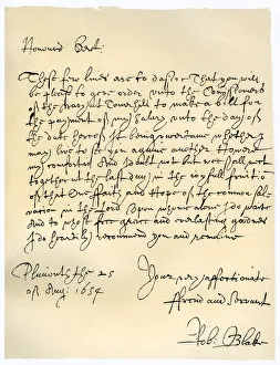 Letter from Admiral Robert Blake to the Commissioners of the Admiralty, 25th August 1654.Artist: Robert Blake Letter from Admiral Robert Blake to the Commissioners of the Admiralty, 25th August 1654.Artist: Robert Blake