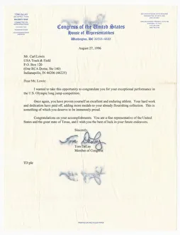 Letter from US Representative Tom DeLay to Carl Lewis, August 27, 1996. Creator: Unknown Letter from US Representative Tom DeLay to Carl Lewis, August 27, 1996. Creator: Unknown