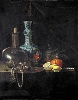 Still life with a pilgrim flask, candlestick, porcelain vase and fruit, 17th century Still life with a pilgrim flask, candlestick, porcelain vase and fruit, 17th century